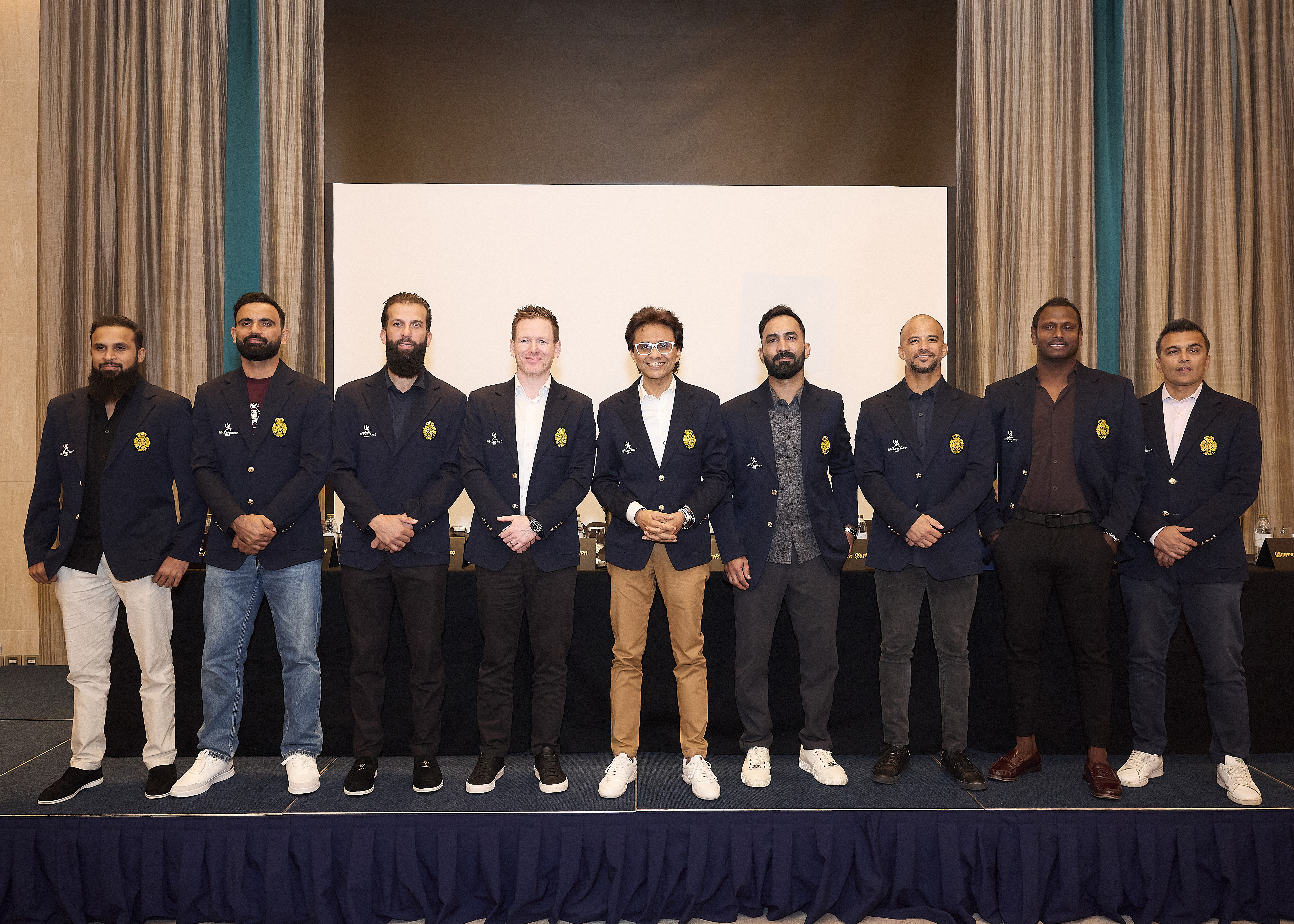Left to Right - Adil Rashid, Fakhar Zaman, Moeen Ali, Eoin Morgan, Anis Sajan (Vice Chairman of Danube Group and Founder of Mr. Cricket UAE Media Group), Dinesh Karthik, JP Duminy, Angelo Mathews, Khurram Khan