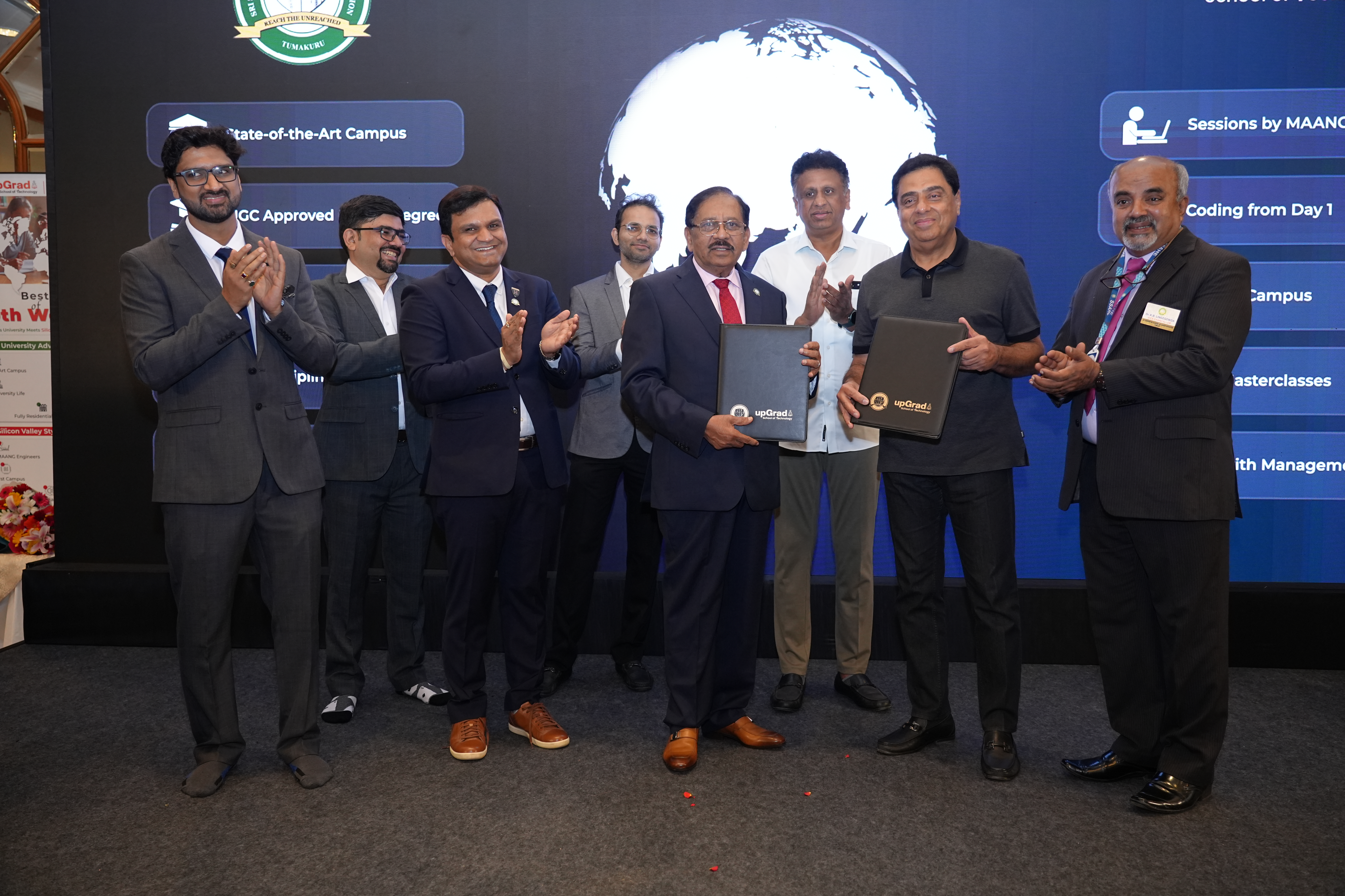 Left to Right -  Vishwa Mohan and Mehul Khandhedia, Dr Vivek Veeraiah, Rishi Saraf, Dr G. Parameshwara, Dr. M. C. Sudhakar, Ronnie Screwvala, and Dr. Linge Gowda,