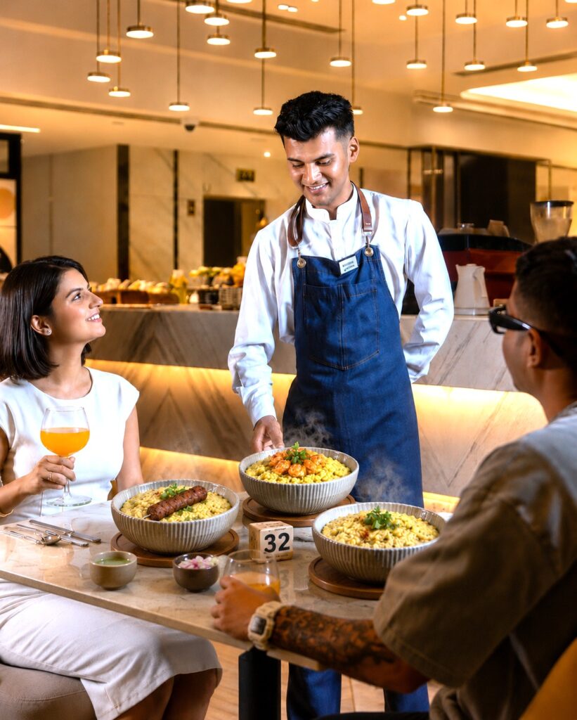 Waiter in a blue apron serves steaming bowls of pasta to two diners at a marble table in a bright cafe stage setting .
