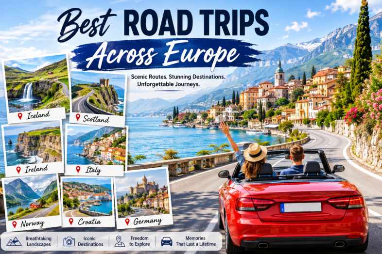 Best road trip europeadvertising 'Best Road Trips Across Europe' with a red convertible by a coastal village and photos of Iceland, Scotland, Ireland, Italy, Norway, Croatia, and Germany list. Or shorter: Travel poster showing 'Best Road Trips Across Europe' with polaroid photos of Iceland, Scotland, Ireland, Italy, Norway, Croatia and Germany beside a coastal roadcar scene.