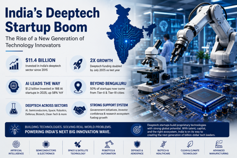 Infographic titled India's Deeptech Startup Boom showing a blue India map, a robotic arm, and key statistics about tech startups and investments.