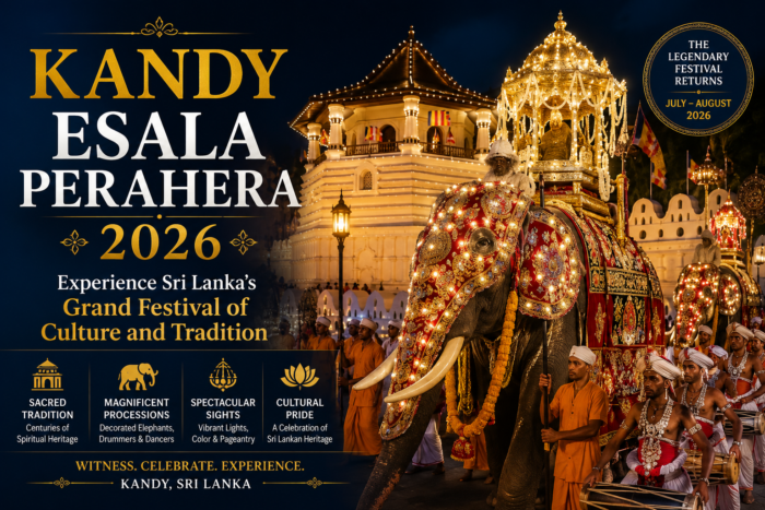 Poster announcing Kandy Esala Perahera 2026 with a lit-up ceremonial elephant and ornate temple backdrop; promotes Sri Lanka's Grand Festival of Culture and Tradition.